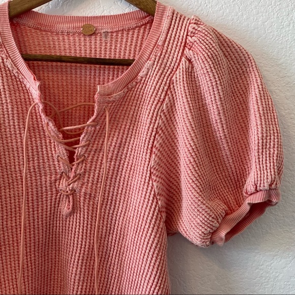 Free People Hayden Waffle Ribbed Puff Sleeve Shirt Lace Up Thermal Pink XS - Picture 3 of 7